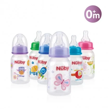 nuby biberon classique polycarbonate imprime 120ml a col standard debit 3 vitesses 0 mois ref id1477