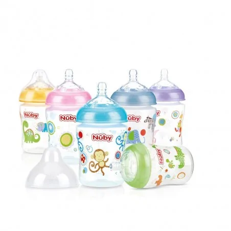 nuby biberon en polycarbonate col large 270ml imprime avec tetine silicone softflex a debit lent 0mois ref id1192