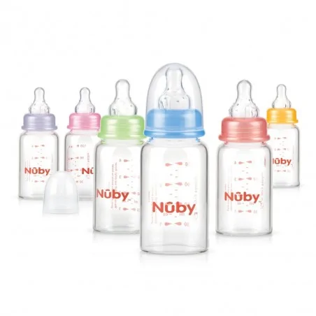 nuby biberon en verre col standard avec logo nuby 120ml et tetine debit lent 0mois ref id1178