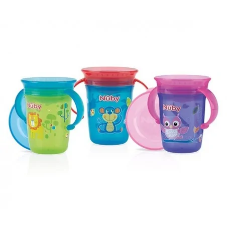 nuby gobelet anti goutte magic 360 imprime en pp a anses et couverle 240ml 6mois nv0414001