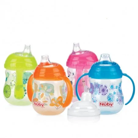 nuby gobelet en poly designer series imprime 270ml avec anses et bec en silicone anti fuite 6 mois ref id10320